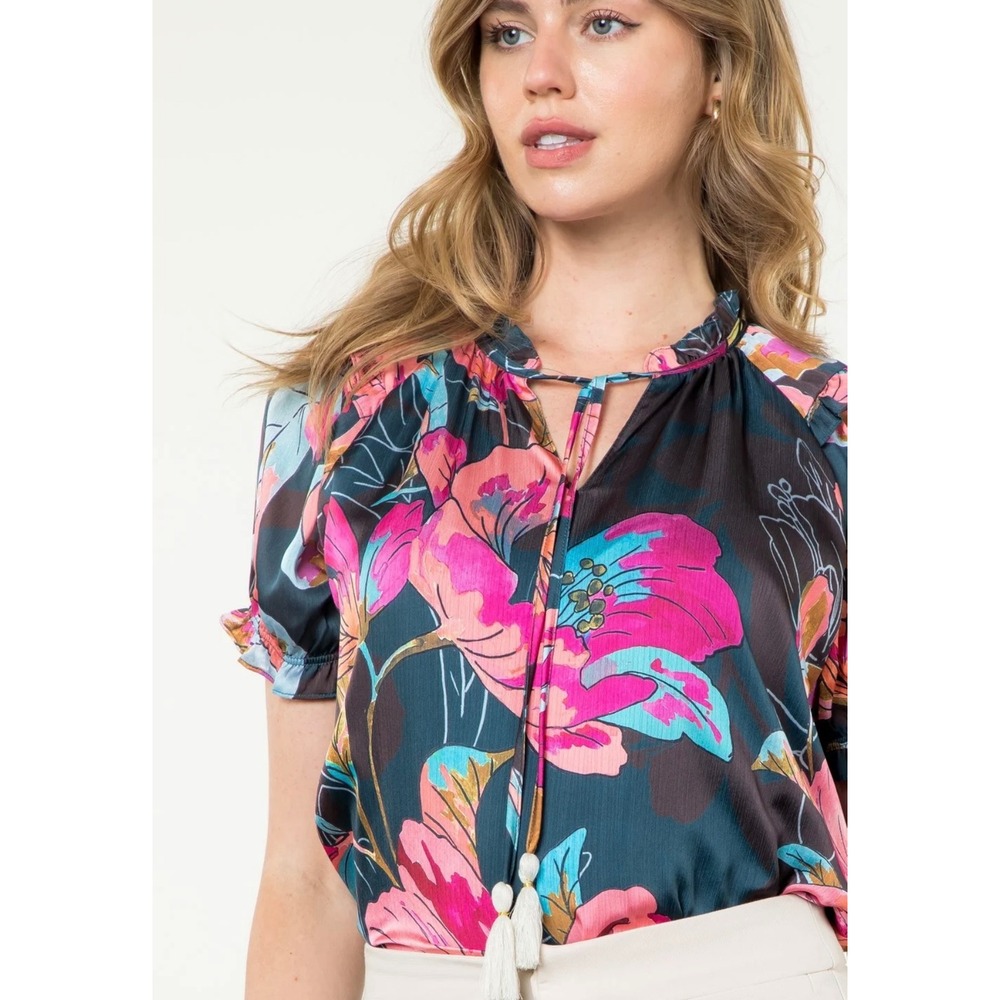 THML Floral Tie Neck Blouse Puff Sleeve Multicolor XS Tassel Detail